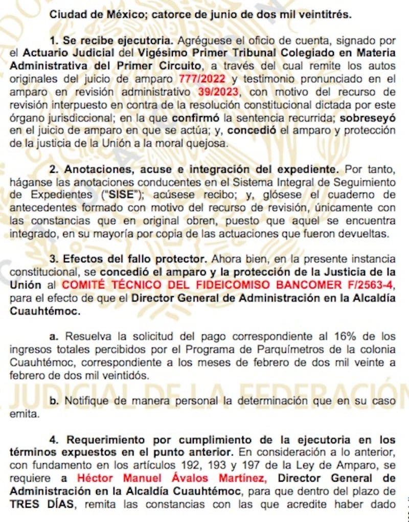Fallo del Juzgado Decimoquinto de Distrito en Materia Administrativa en la Ciudad de México.