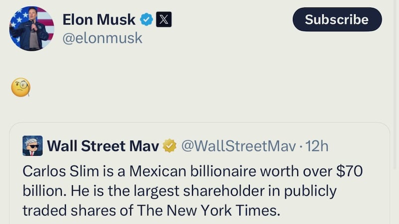 La publicación de Musk sobre Carlos Slim cita un artículo de The New York Times sobre los riesgos económicos de declarar terroristas a los cárteles.