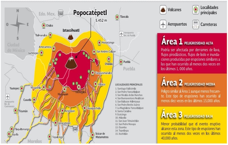 Áreas de riesgo alrededor del volcán Popocatépetl (Cortesía del Estado de México)