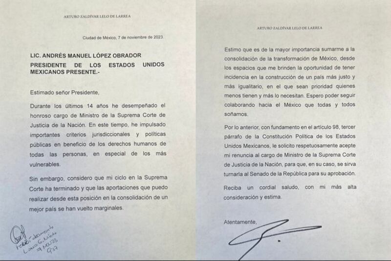 Carta de renuncia de Arturo Zaldívar (Twitter / @ArturoZaldivarL)