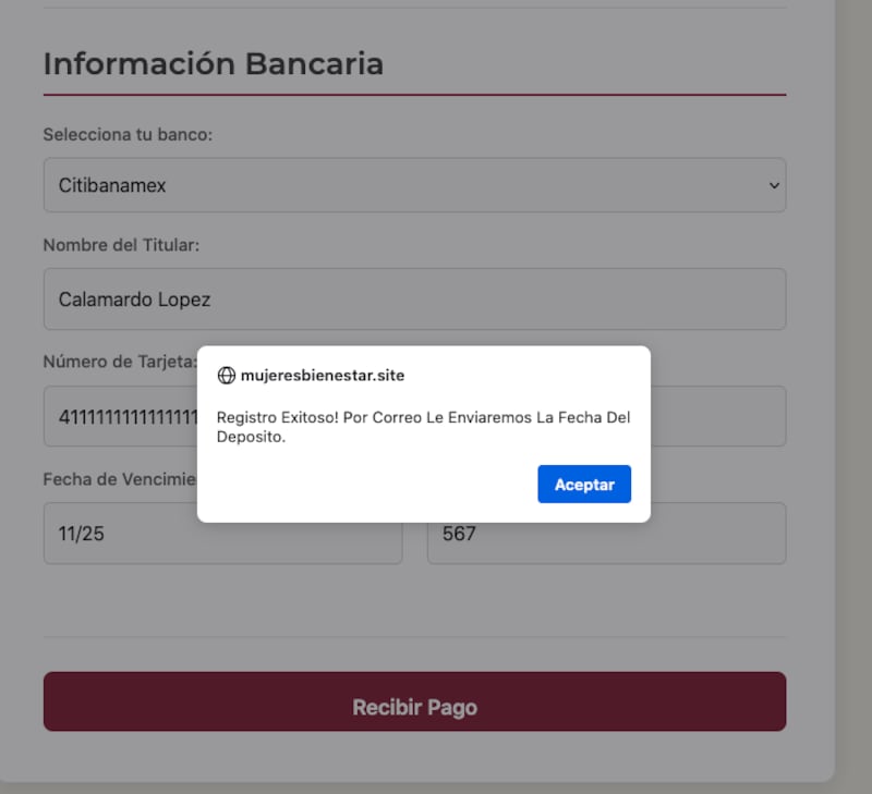 Al enviar los datos bancarios, de inmediato son registrados por el bot de Telegram de los ciberdelincuentes.