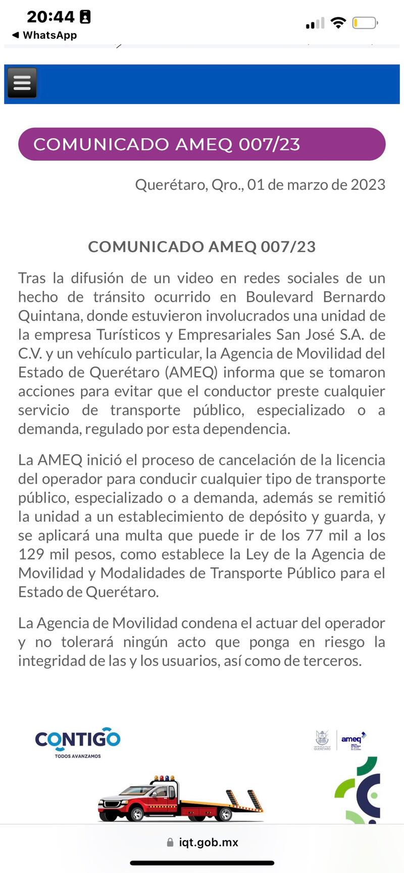 La AMEQ lanzó un comunicado para dejar aclarecido la situación del conductor del camión