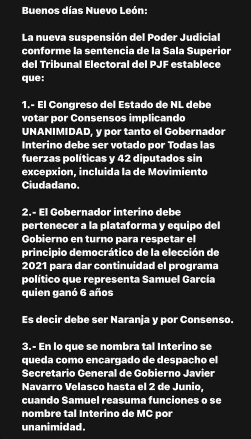 Este texto subió Samuel garcía a sus redes