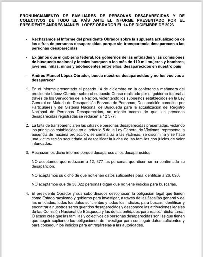 Colectivos exigen al gobierno una mejor estrategia para buscar a desaparecidos (Cortesía)