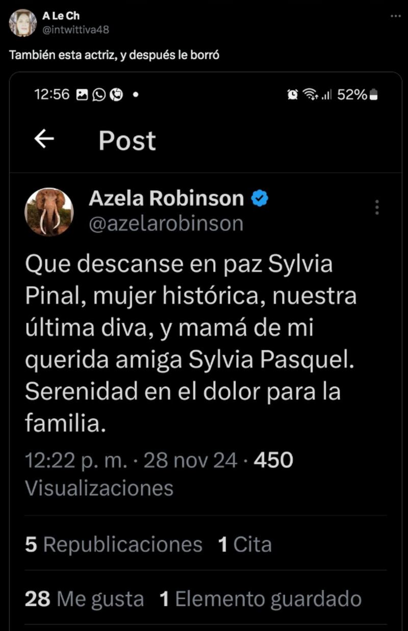 Post de Azela Robinson sobre la muerte de Silvia Pinal