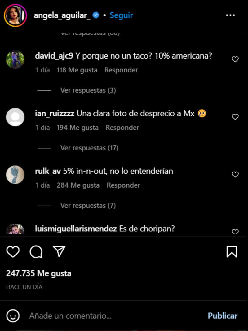 Comentarios que recibió Ángela Aguilar en Instagram / Foto: Instagram @angela_aguilar_