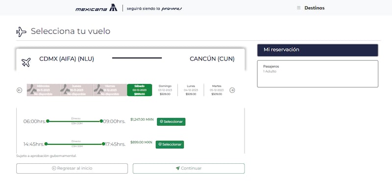 Vuelos a Cancún de Mexicana de Aviación desde el AIFA