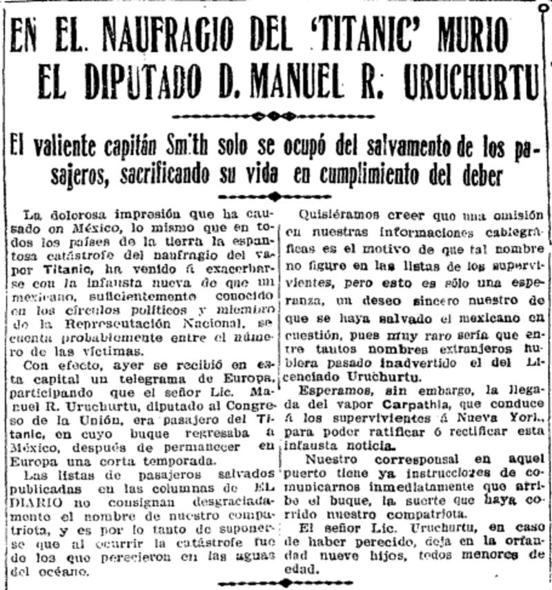 El diputado mexicano falleció en el naufragio del Titanic y así lo reportó la prensa de la época.