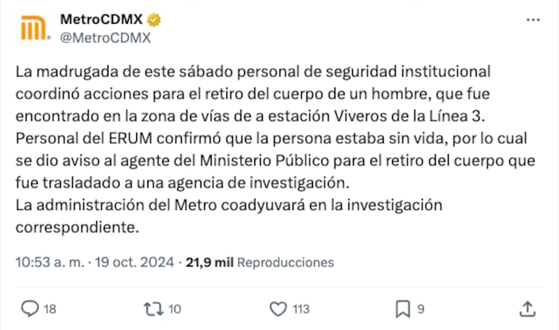 Hallan cadáver en línea 3 del Metro CDMX.