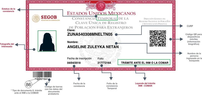 Formato de CURP temporal que expiden las autoridades mexicanas.