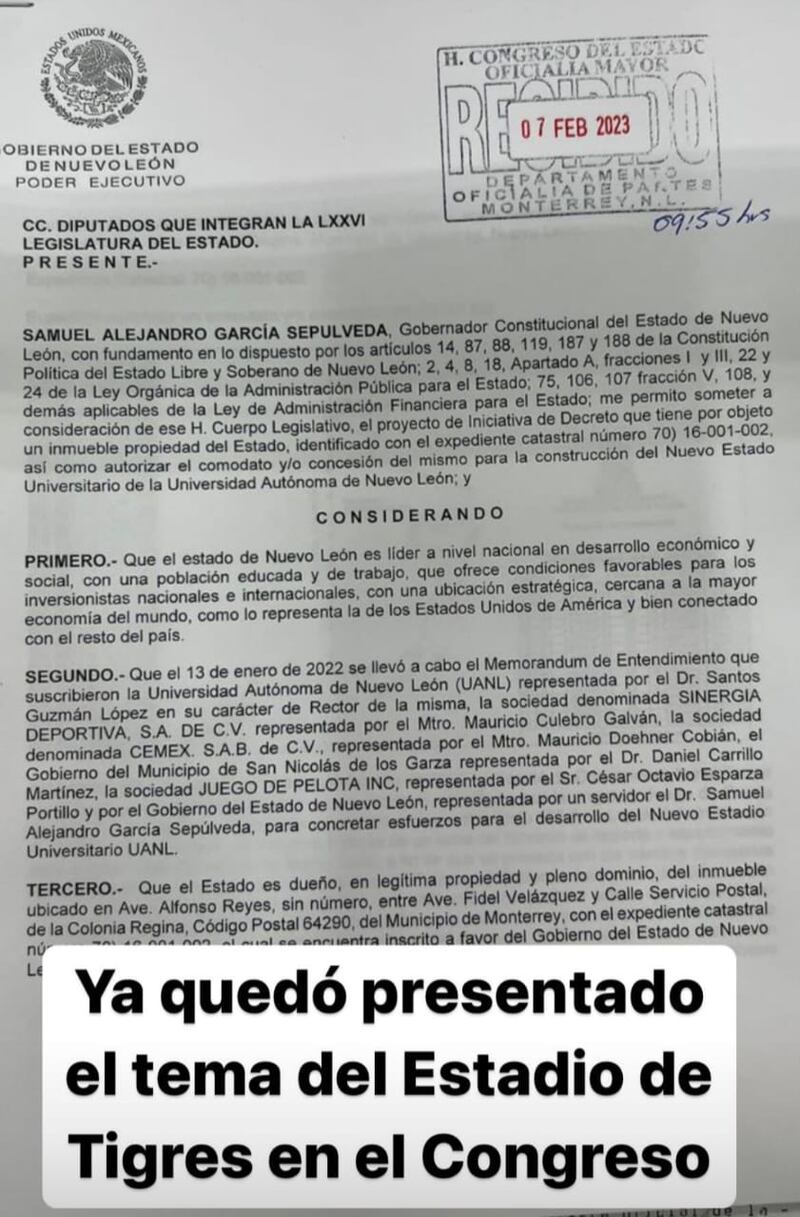 El documento llegó a la Oficialía de Partes este martes antes de las 10:00 horas.