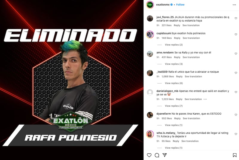 Comentarios sobre la salida de Rafa Polinesio de 'Exatlón' en Instagram