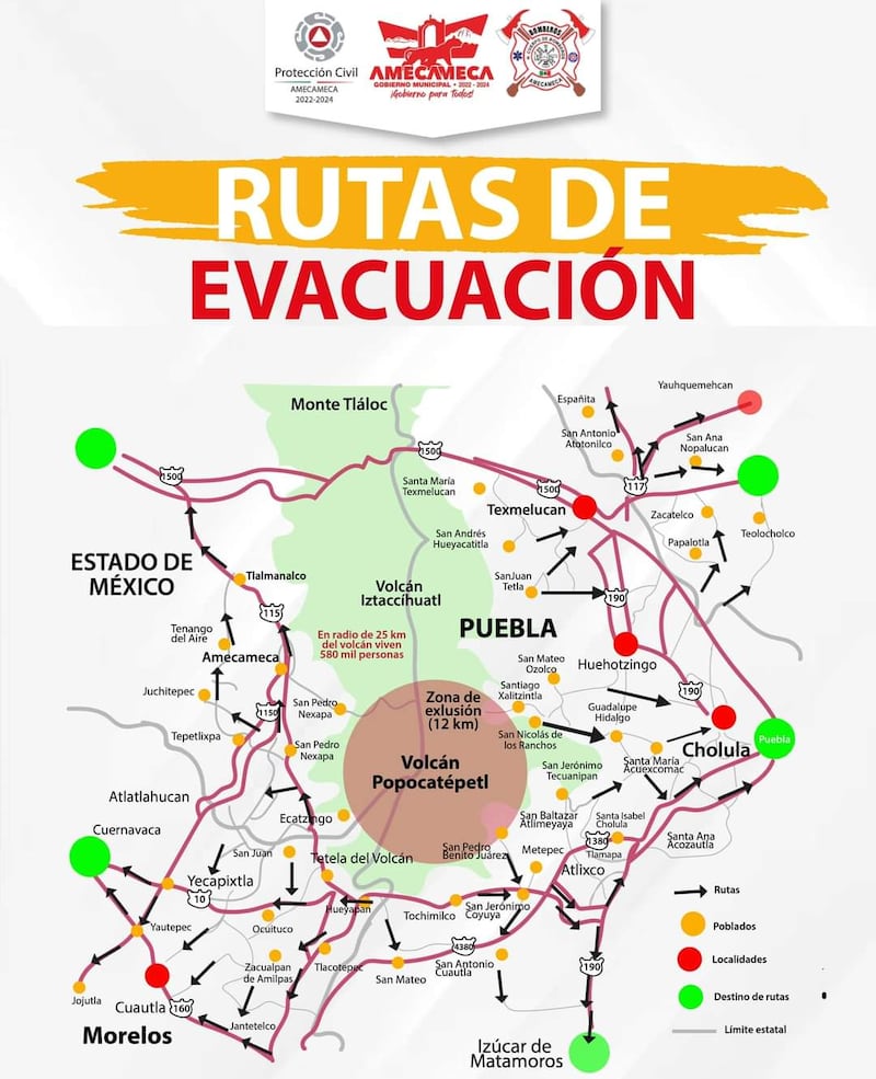 Rutas de evacuación del volcán Popocatépetl (Protección Civil Amecameca)