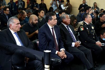A la conferencia asistieron el secretario de Gobernación, Adán Augusto López Hernández; el subsecretario de Seguridad, Ricardo Mejía Bermeja y Luis Rodríguez Bucio, comandante de la Guardia Nacional; entre otros funcionarios.