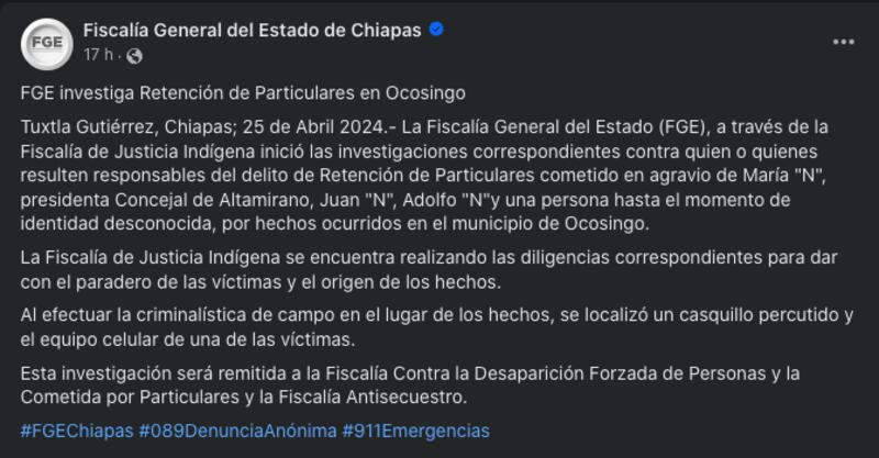 Secuestran a María García López, presidenta concejal de Altamirano, Chiapas