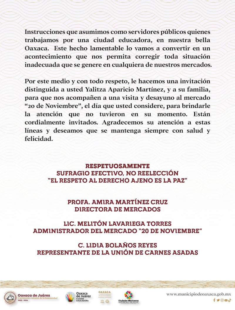 Comunicado por parte de la Dirección de Mercados de Oaxaca de Juárez