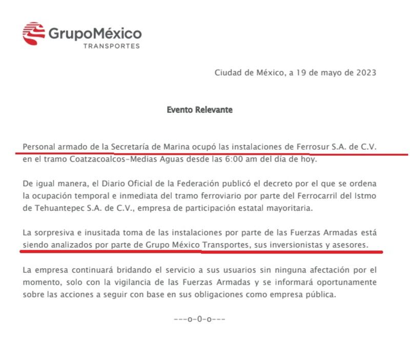 Comunicado de Grupo México sobre la ocupación de la Marina en sus instalaciones de Coatzacoalcos.