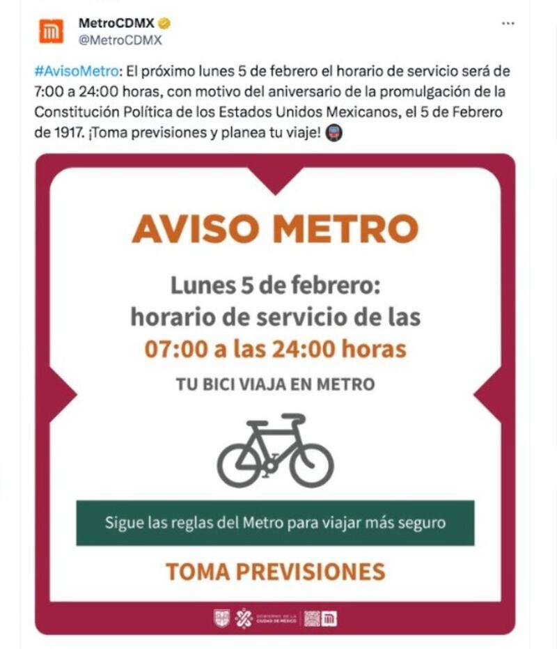 Horario del Metro para el 5 de febrero