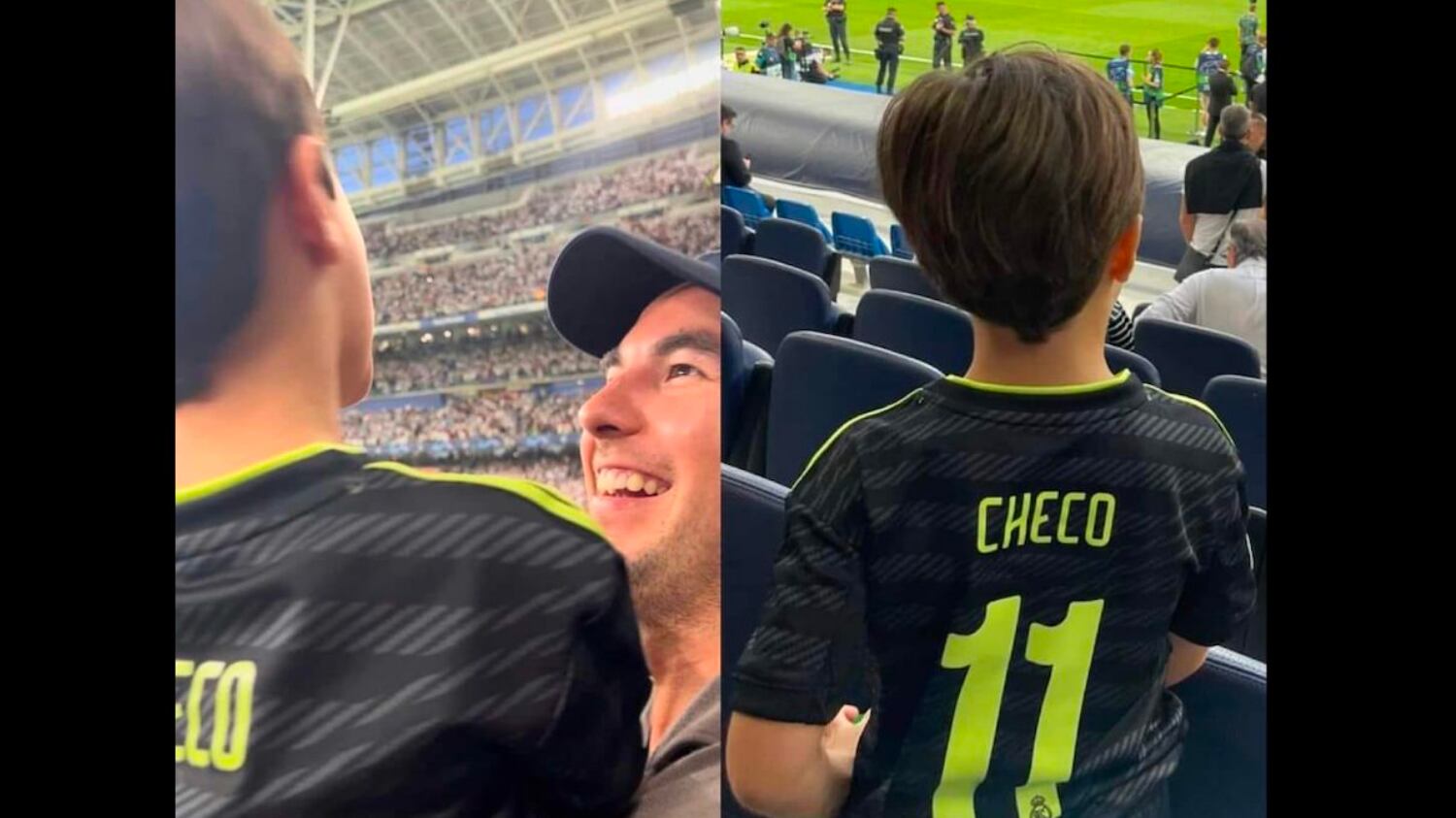 Checo Pérez junto a su hijo apoyando al Real Madrid.