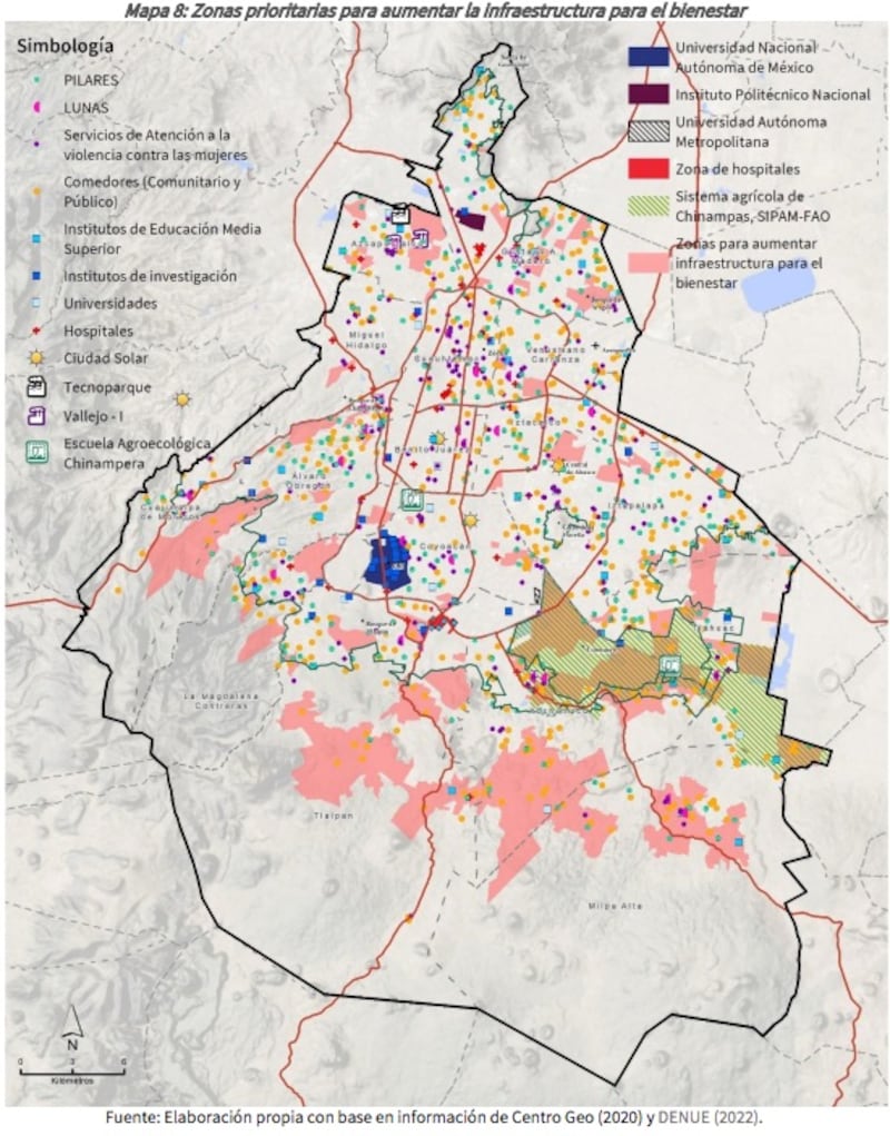 En rosa se marcan las zonas prioritarias para la infraestructura para el bienestar.