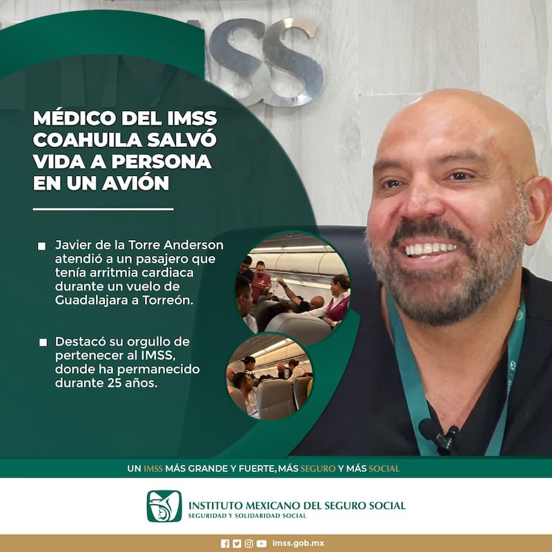 Médico del IMSS salva a paciente con arritmia cardíaca en avión