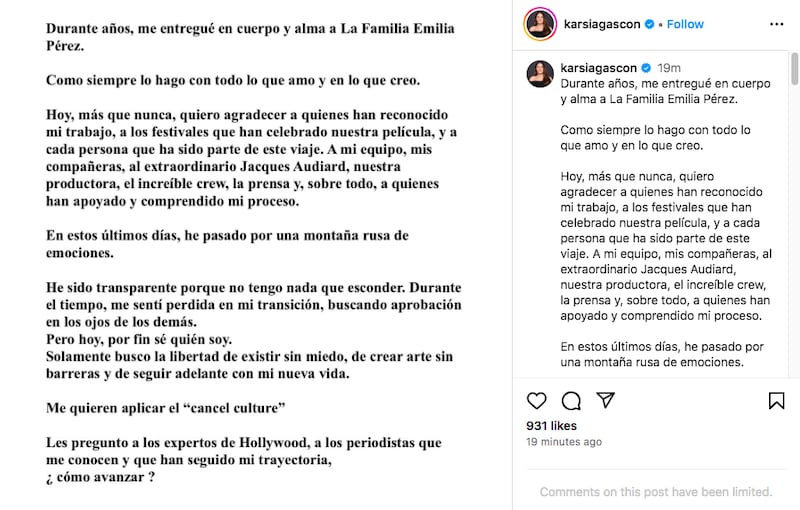 Comunicado de Karla Sofía Gascón en Instagram