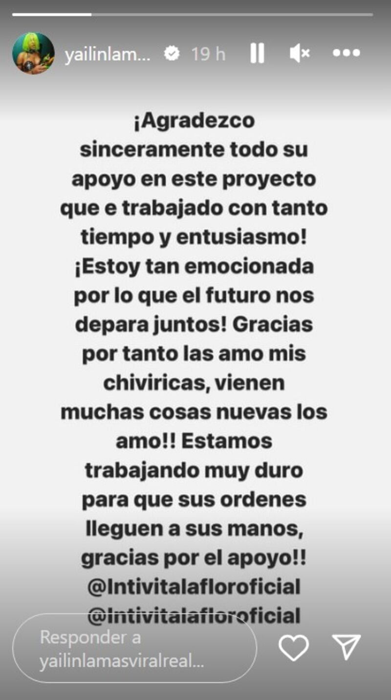 Yailin se pronunció en una historia de Instagram