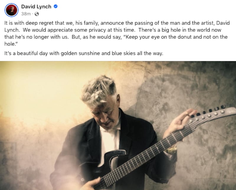 Comunicado sobre la muerte de David Lynch en Facebook