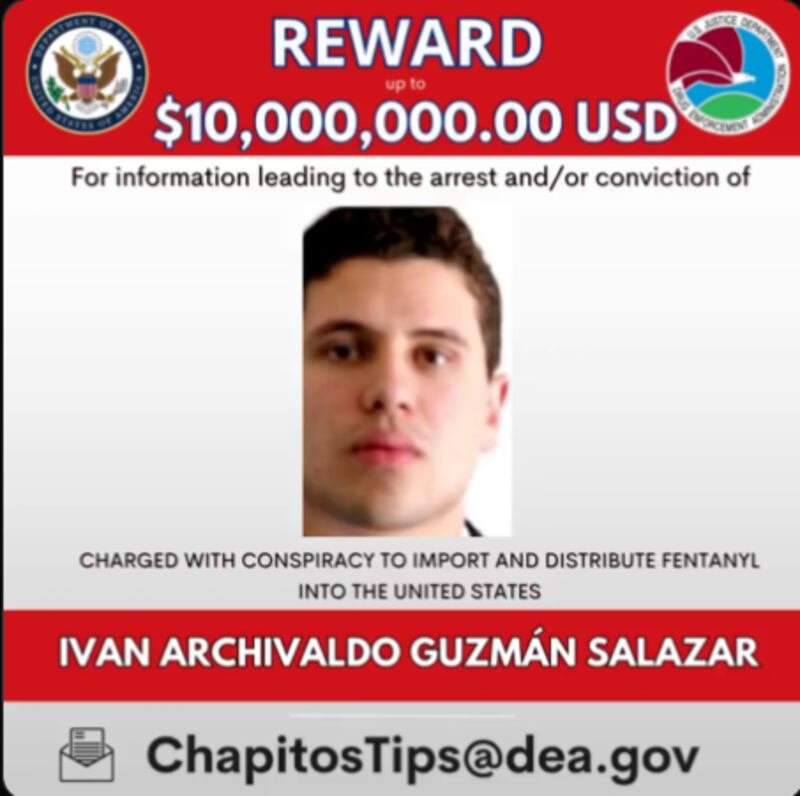 Recompensa por Iván Archivaldo Guzmán Salazar. Información en ChapitosTips@dea.gov