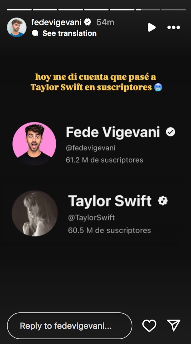 Fede Vigevani supera en suscriptores de YouTube a Taylor Swift