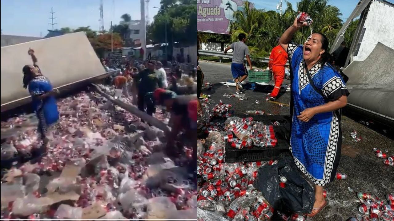 Mujer se baña en cerveza durante rapiña por volcadura de camión en Campeche