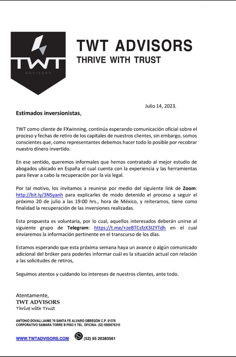 Este aviso fue enviado por TWT a sus clientes tras la suspensión de operaciones de la plataforma FXwinning.