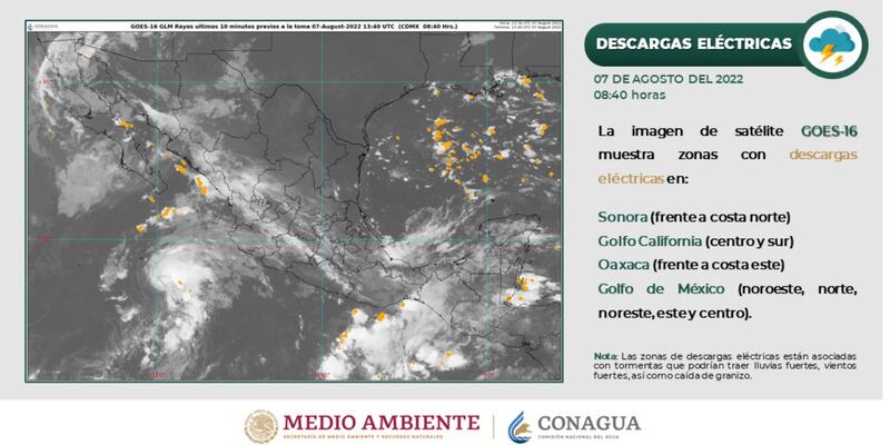 pronostica descargas eléctricas asociadas con tormentas que podrían traer lluvias fuertes.