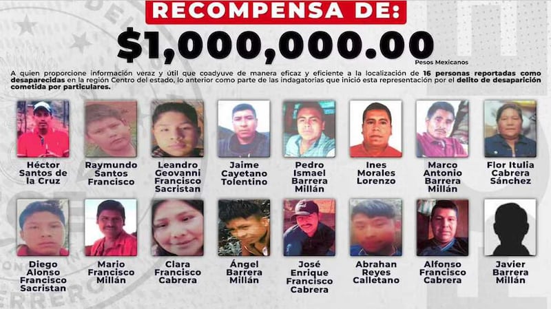 La Fiscalía ofrece recompensa de un millón de pesos por información para localizar a los desaparecidos en Chilapa y Quechultenango.