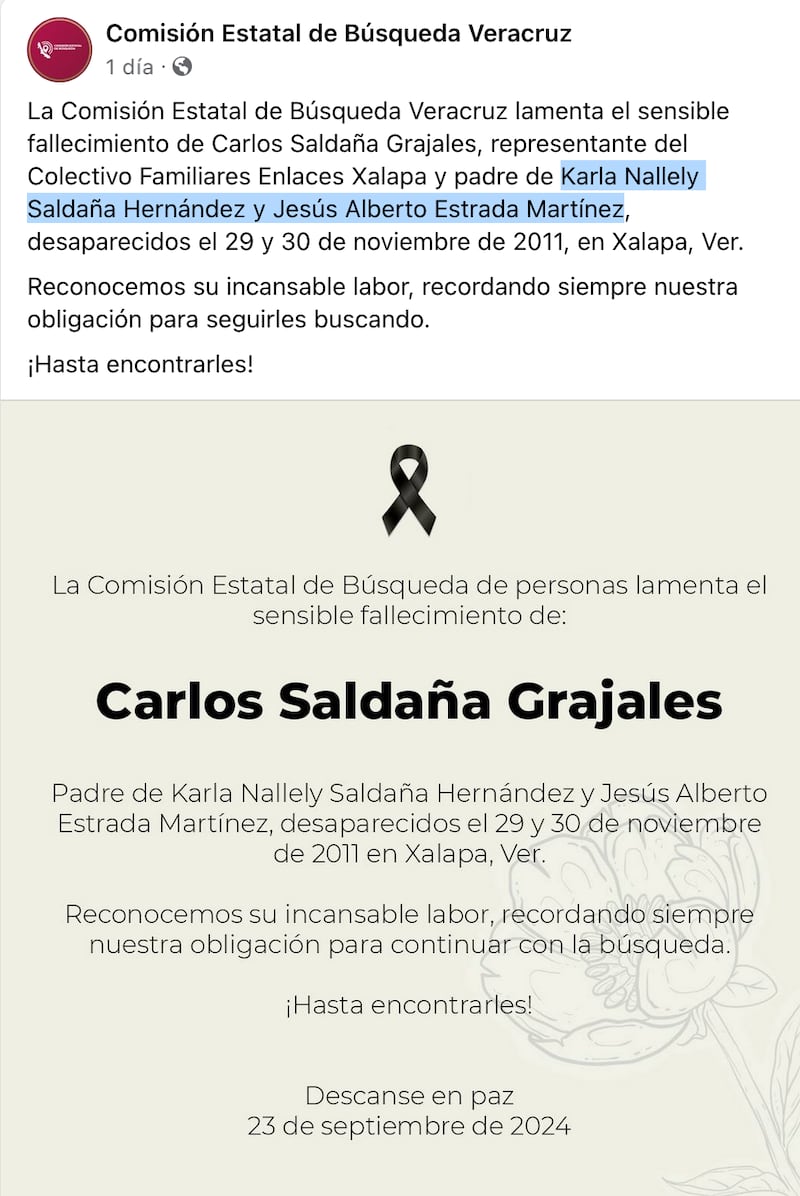 La Comisión Estatal de Búsqueda de Veracruz lamenta el sensible fallecimiento del padre buscador Carlos Saldaña Grajales