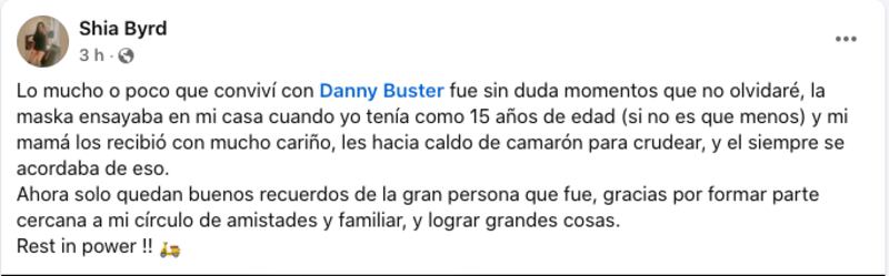 Condolencias por muerte de Danny Buster