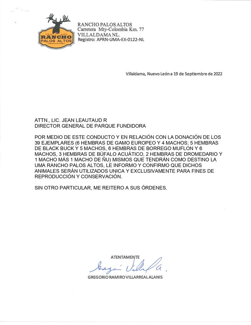 En esta carta se establece que la donación de 39 animales fue completamente legal.