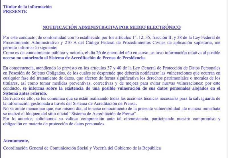 Gobierno 'cumple' ultimátum del INAI y notifica a periodistas vulnerados en hackeo