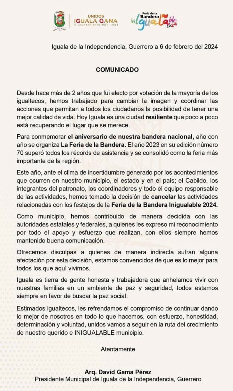 Cancelan Feria de la Bandera en Iguala tras crisis de violencia en Guerrero