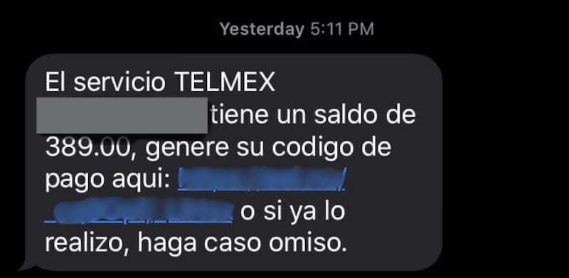 Ejemplo real de un SMS que suplanta a Telmex.