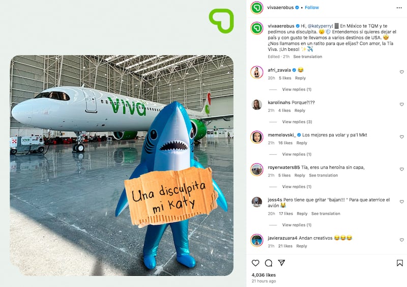 Publicación de Viva Aerobus en Instagram dirigida a Katy Perry