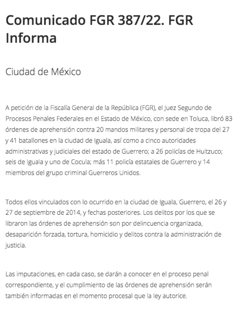 Comunicado FGR 83 órdenes de aprehención liberadas por caso Ayotzinapa