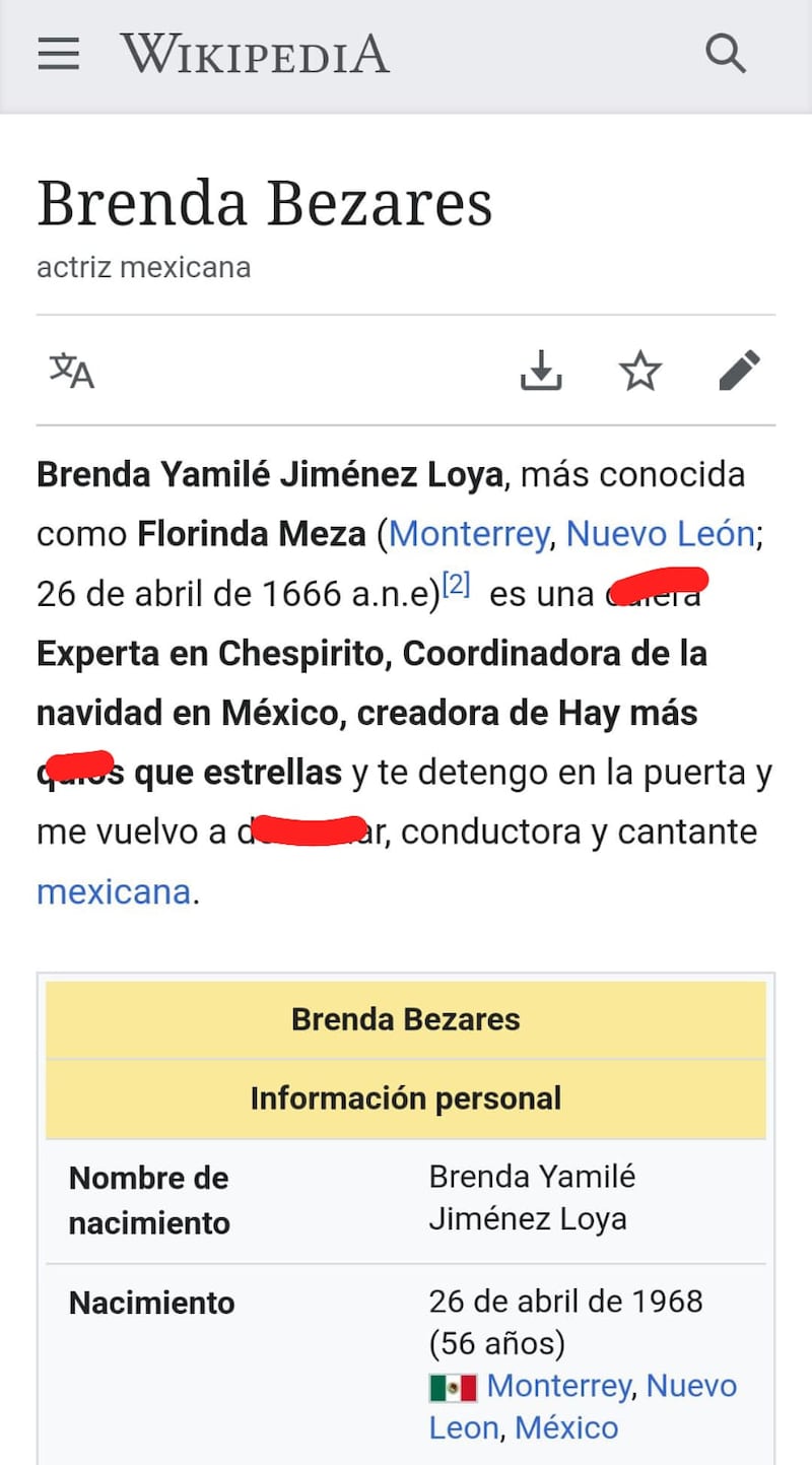 Usuarios de las redes continuaron cambiando la página de Wikipedia de Brenda Bezares.