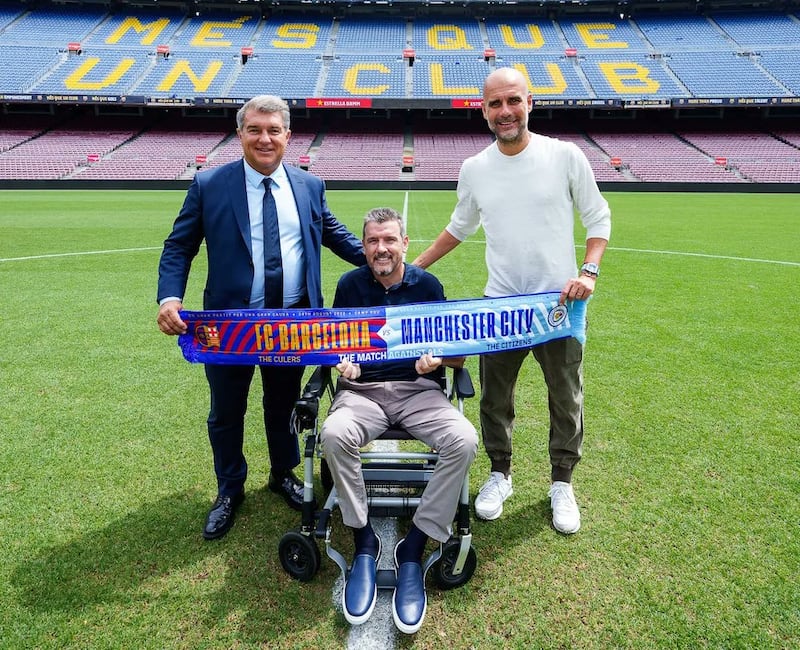 Joan Laporta, Pep Guardiola y el ex portero Juan Carlos Unzué