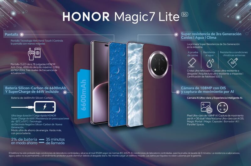 El nuevo HONOR Magic7 Lite aterriza en el mercado mexicano para redefinir la durabilidad en smartphones. Gracias a su resistencia, carga rápida, batería, almacenamiento de 512GB y cámaras potentes se convertirá en el aliado perfecto para un estilo de vida activo