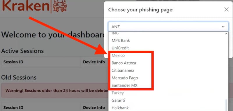 Kraken Live Phishing Panel expone información de usuarios en México, atacando bancos, criptomonedas y plataformas digitales.