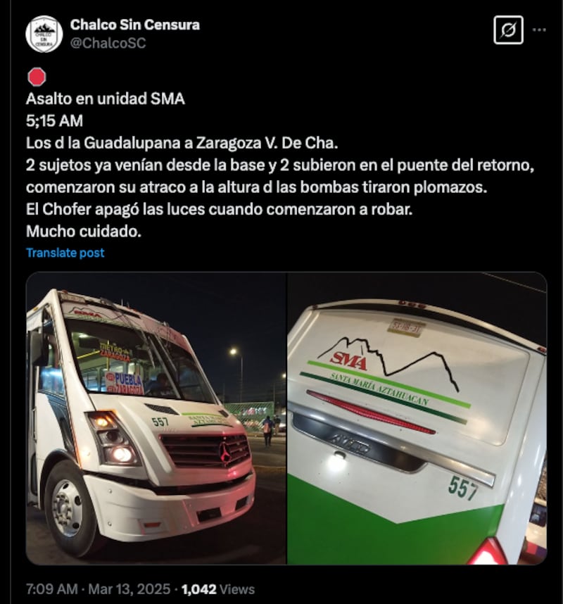 Asalto a transporte público en el tramo del Trolebús Chalco-Santa Martha