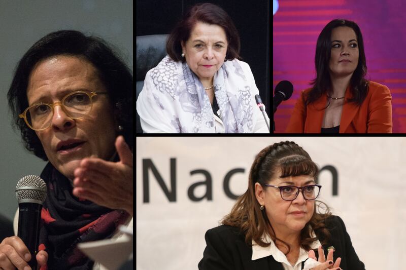 Ana Laura Magaloni (foto vertical izquierda), Celia Maya García (cuadro superior centro), Diana Álvarez Maury (cuadro superior derecho) y Verónica de Gyvés (foto horizontal inferior)