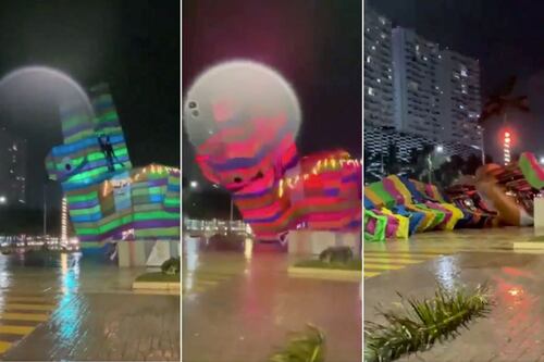 Tormenta derrumba piñata gigante del ‘burrito sabanero’ en villa navideña de Cancún