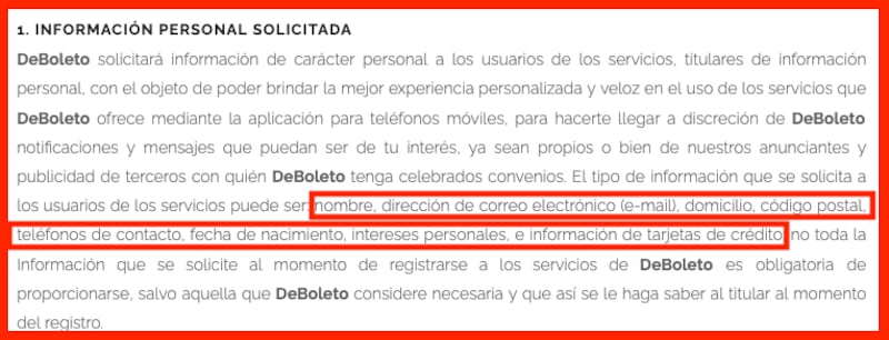 Aviso de privacidad de De Boleto donde señala la información que almacena de sus usuarios.